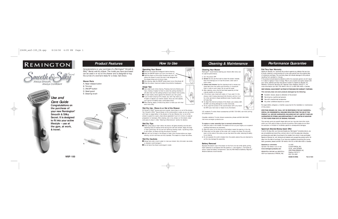 Remington Smooth & Silky shavers warranty Product Features, How to Use, Cleaning & Maintenance, Performance Guarantee 