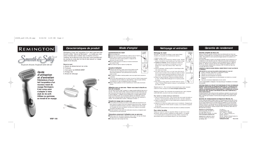 Remington Smooth & Silky shavers warranty Mode demploi Nettoyage et entretien Garantie de rendement 