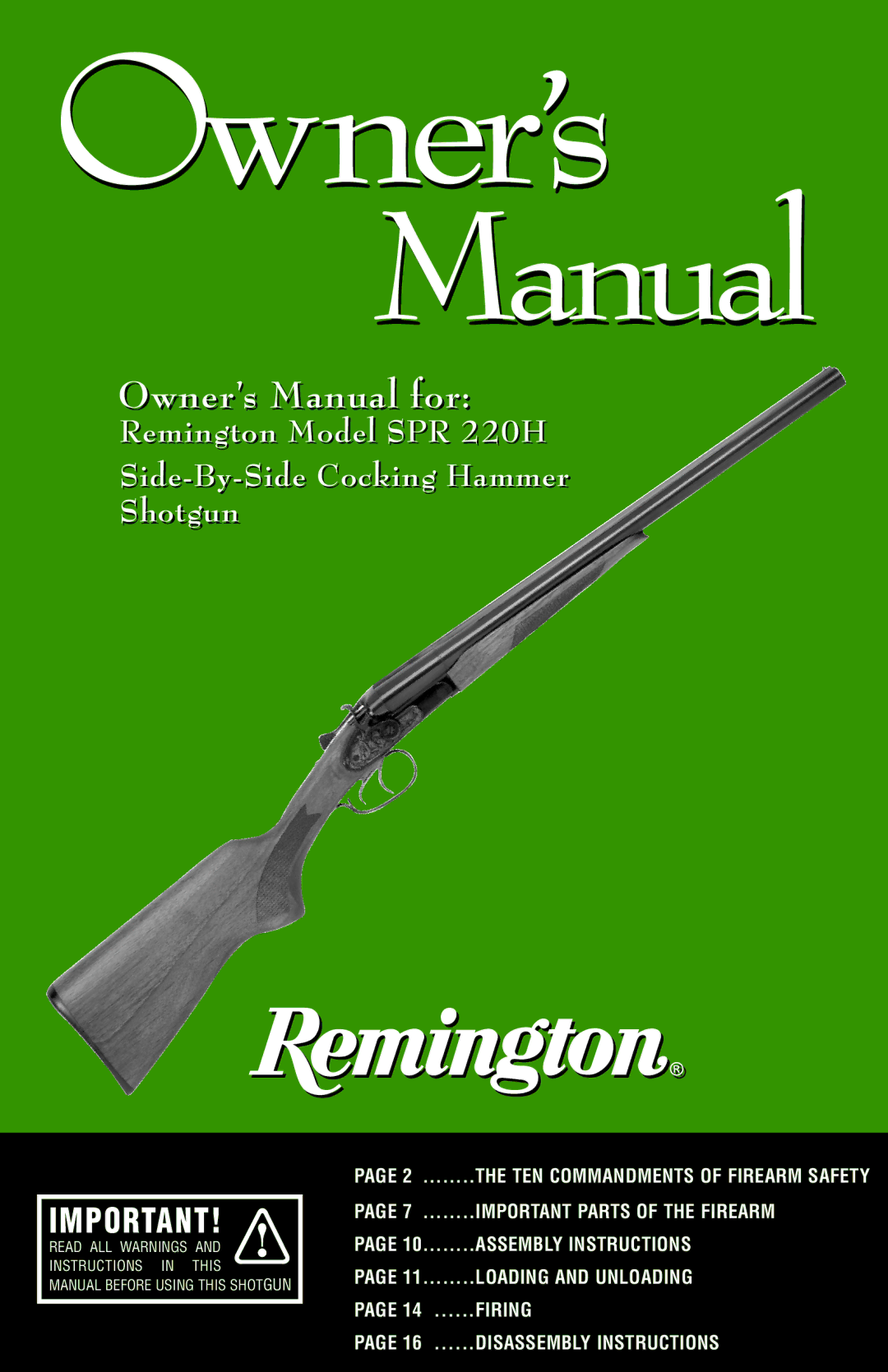 Remington Side-By-Side Cocking Hammer Shotgun, SPR 220H owner manual Owner’s 