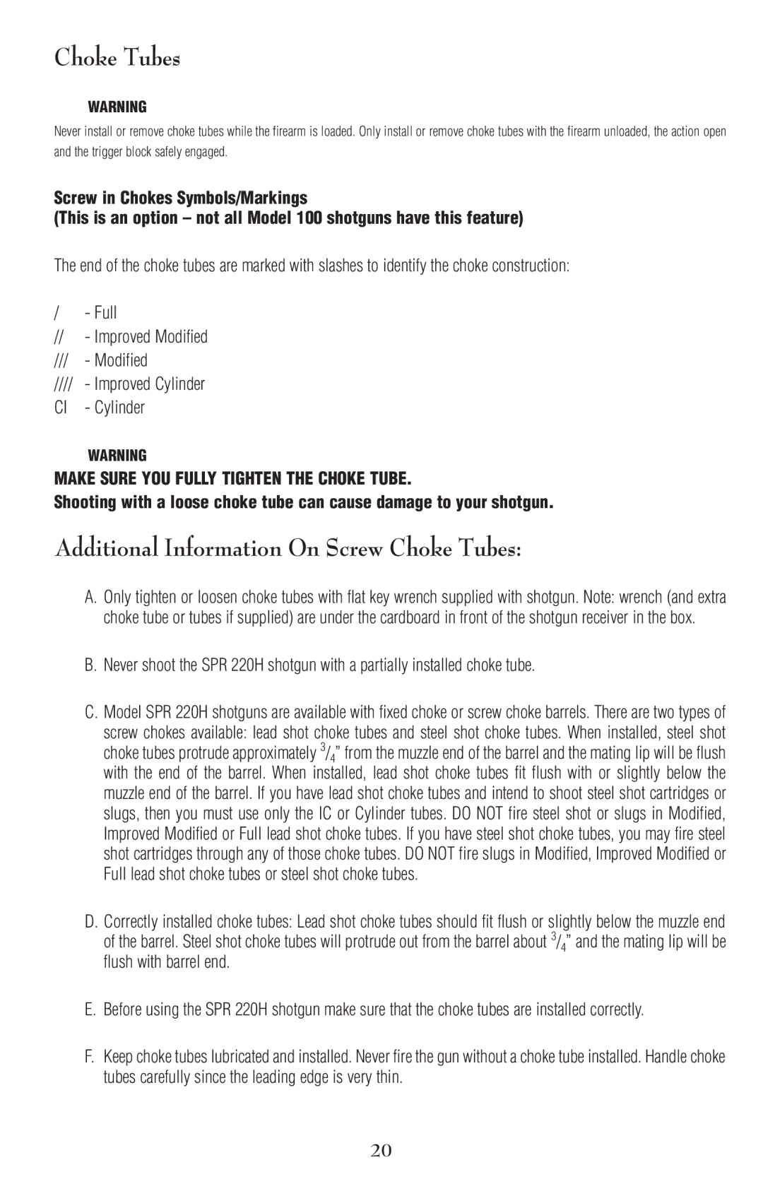 Remington SPR 220H, Side-By-Side Cocking Hammer Shotgun owner manual Additional Information On Screw Choke Tubes 