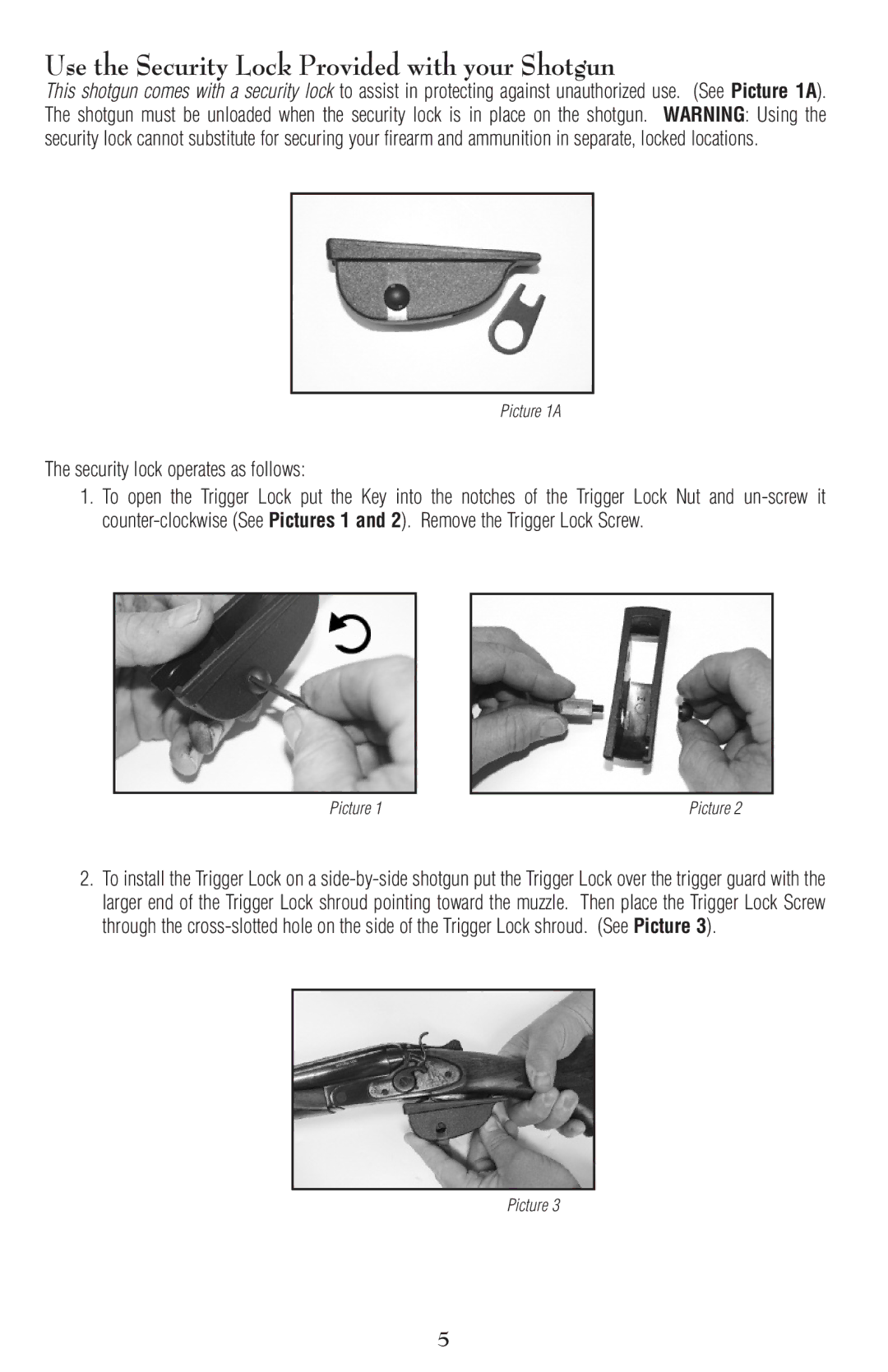 Remington Side-By-Side Cocking Hammer Shotgun, SPR 220H Use the Security Lock Provided with your Shotgun, Picture 1A 