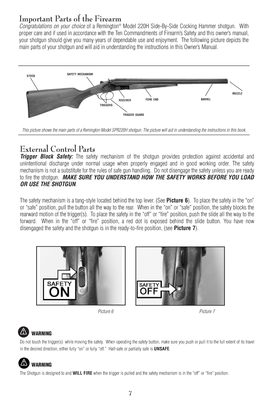 Remington Side-By-Side Cocking Hammer Shotgun, SPR 220H owner manual Important Parts of the Firearm, External Control Parts 