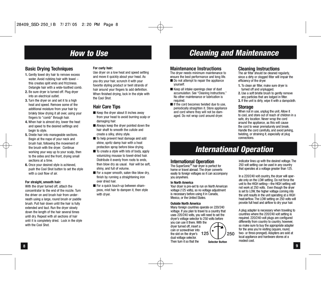 Remington SSD-250 manual How to Use Cleaning and Maintenance, International Operation 