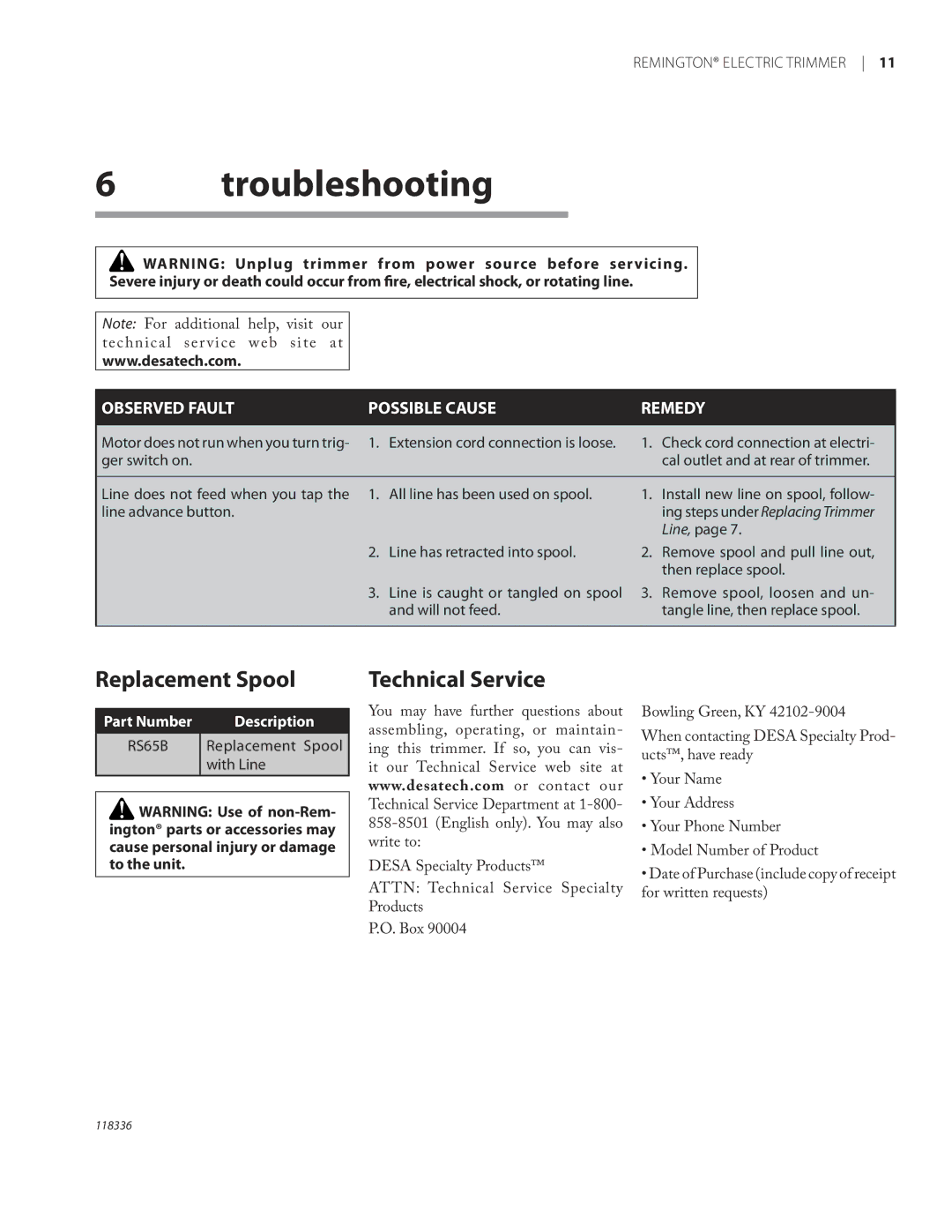 Remington ST3010A owner manual Troubleshooting, Replacement Spool, Technical Service, With Line 