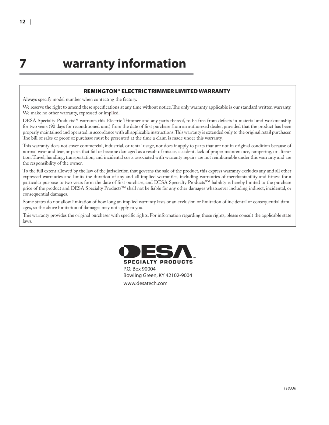 Remington ST3010A owner manual Warranty information, Remington Electric Trimmer Limited Warranty 