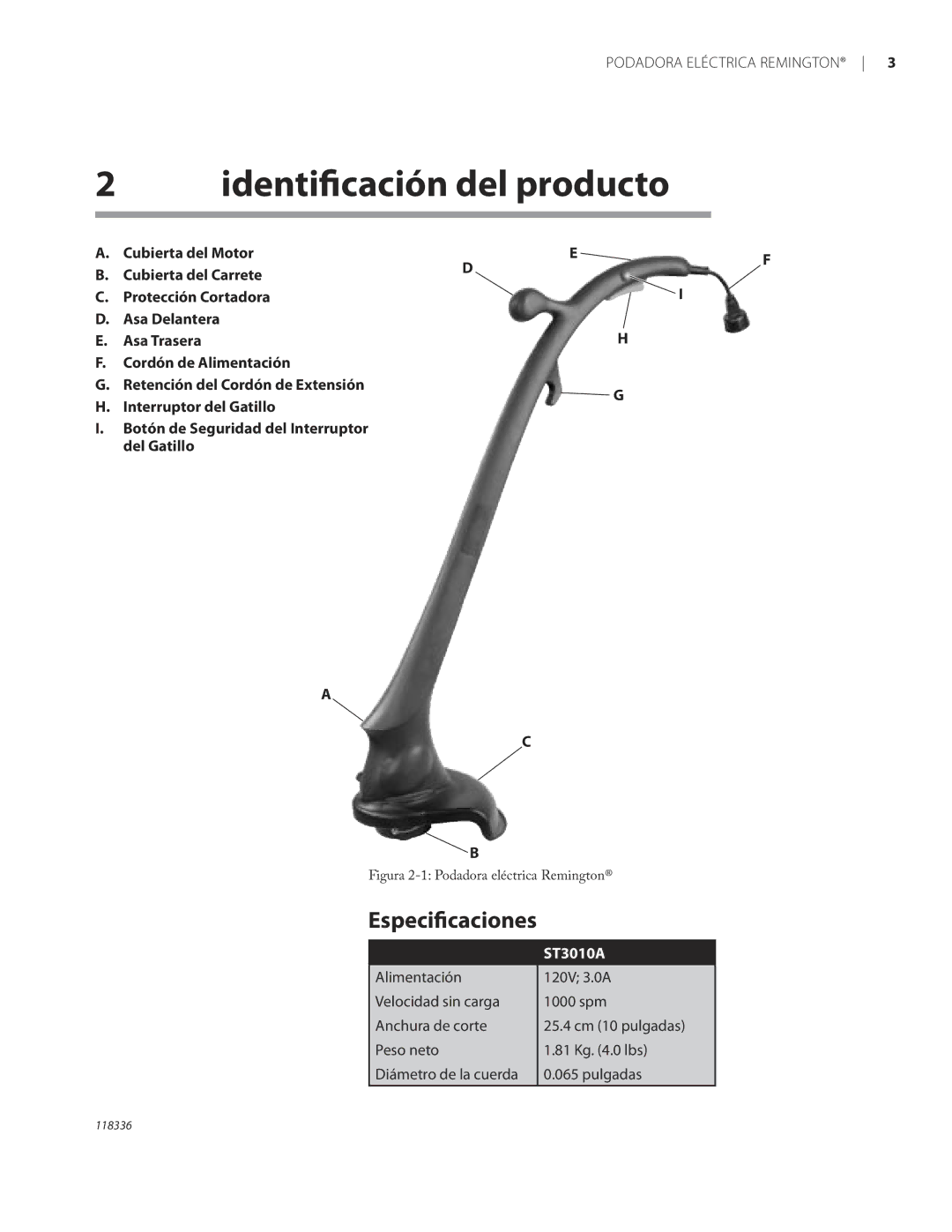 Remington ST3010A owner manual Identiﬁcación del producto, Especiﬁcaciones 