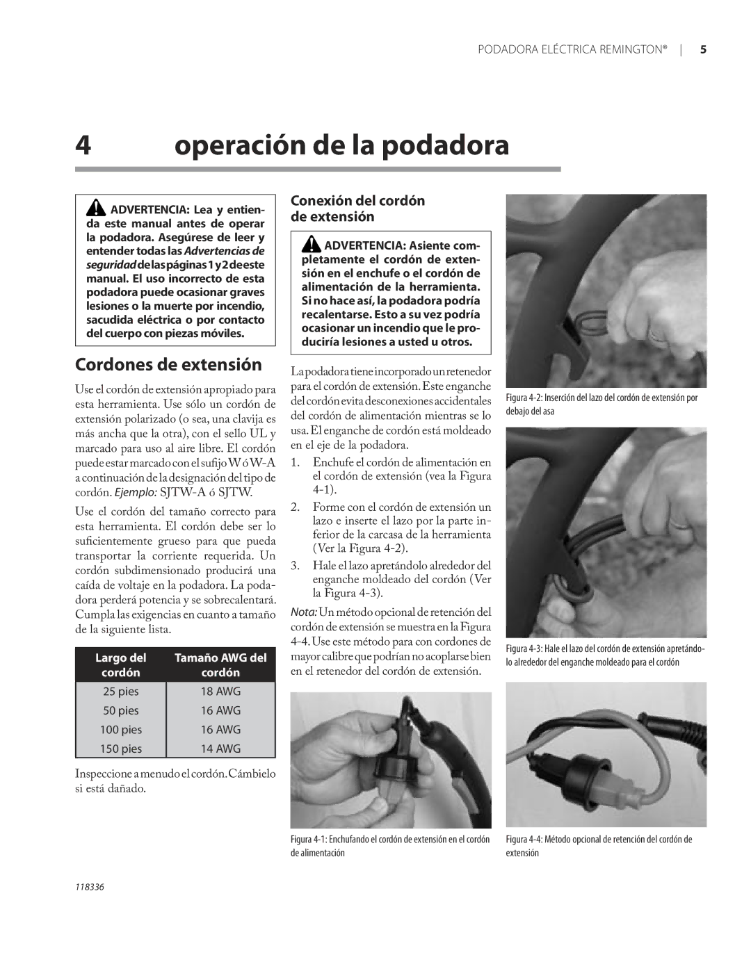 Remington ST3010A owner manual Operación de la podadora, Cordones de extensión 