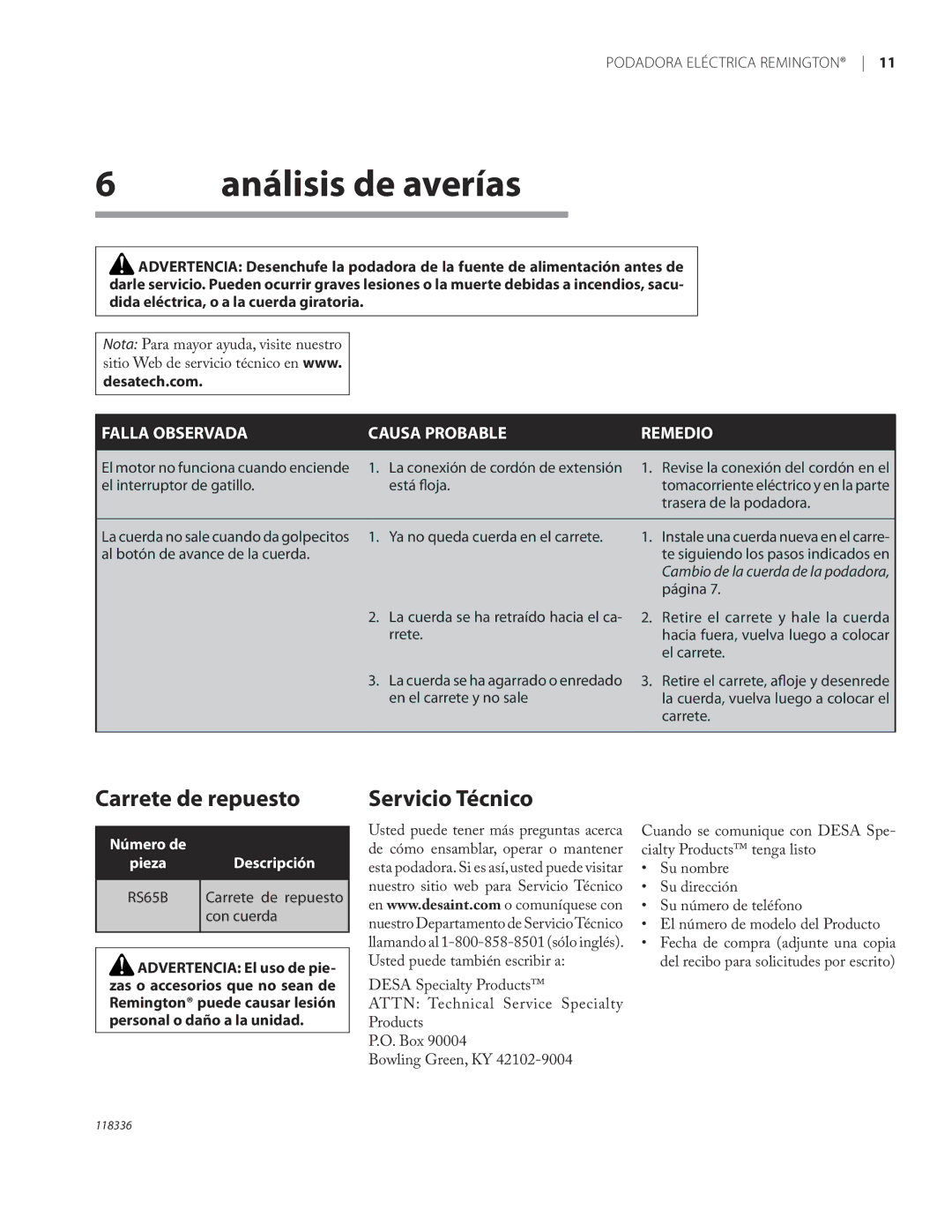 Remington ST3010A owner manual Análisis de averías, Carrete de repuesto, Servicio Técnico, Con cuerda 