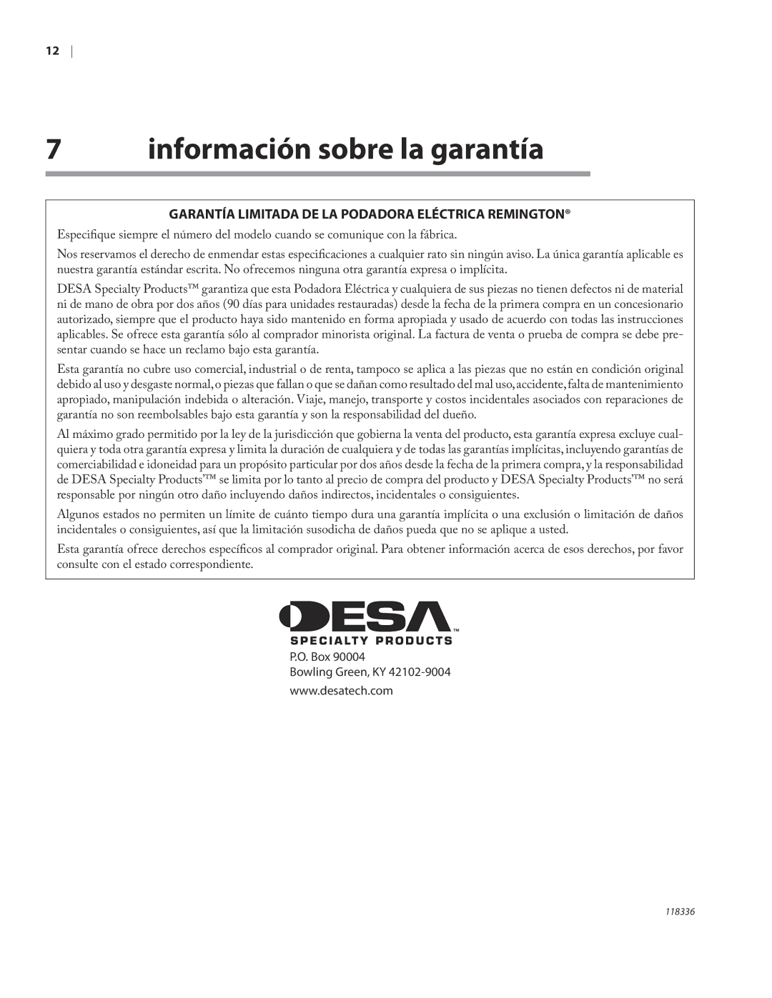 Remington ST3010A owner manual Información sobre la garantía, Garantía Limitada DE LA Podadora Eléctrica Remington 