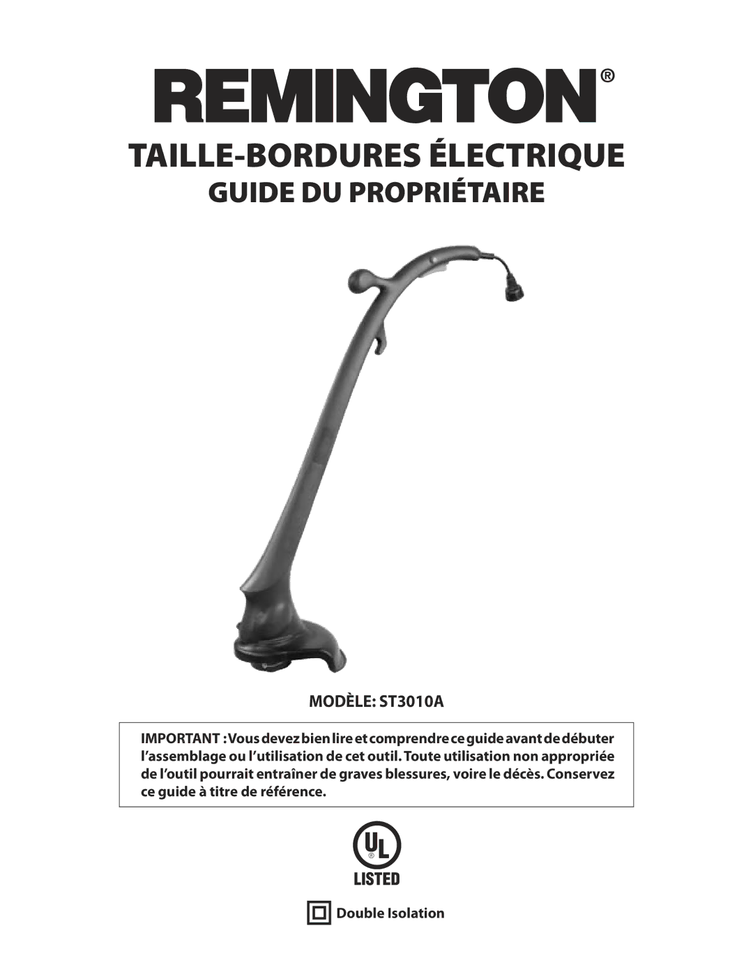 Remington ST3010A owner manual TAILLE-BORDURES Électrique, Double Isolation 