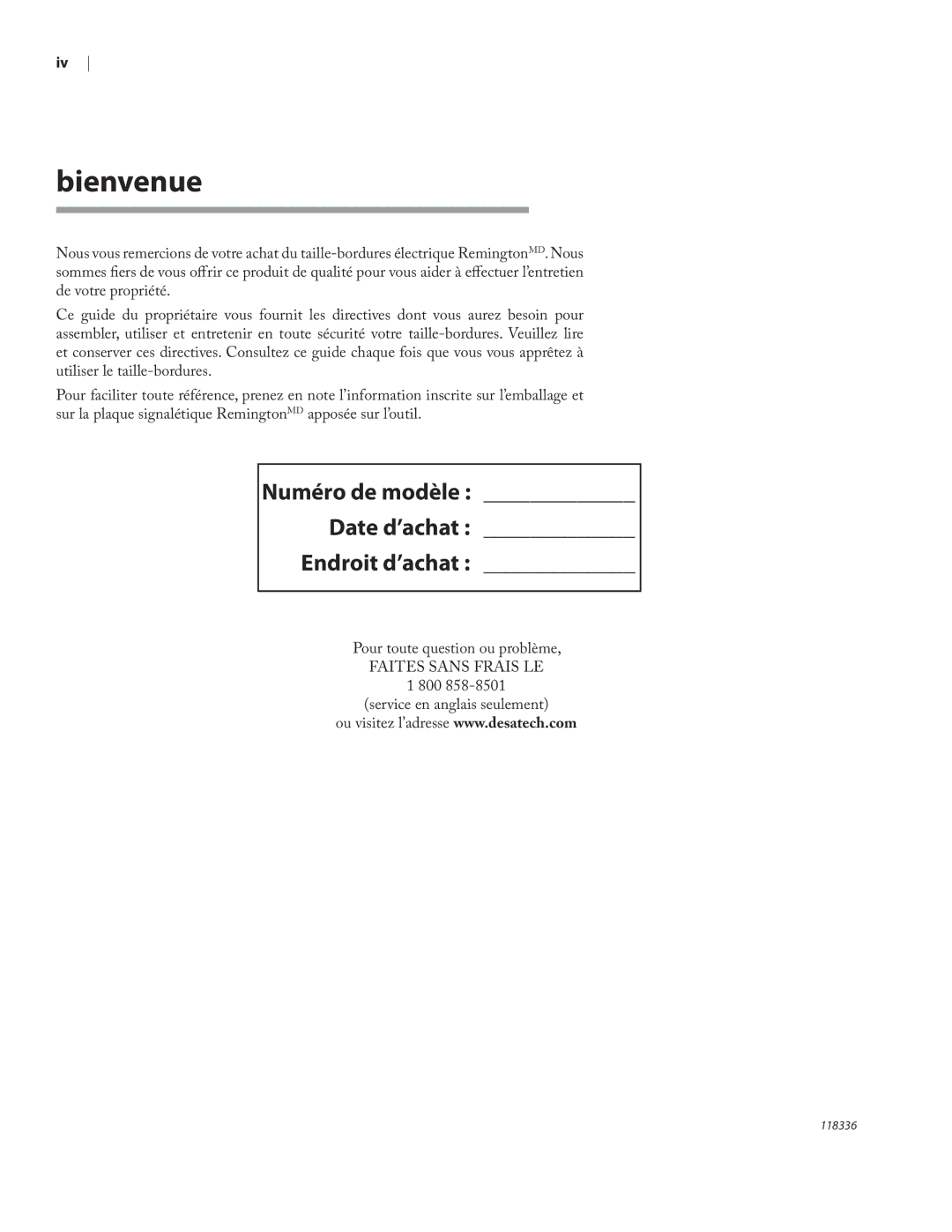 Remington ST3010A owner manual Bienvenue, Numéro de modèle Date d’achat Endroit d’achat 