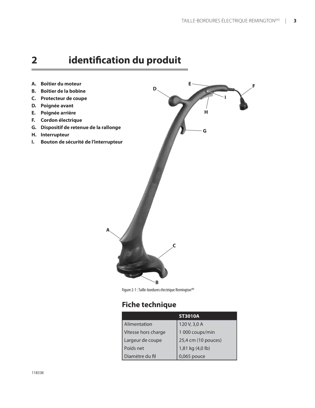 Remington ST3010A owner manual Identiﬁcation du produit, Fiche technique 