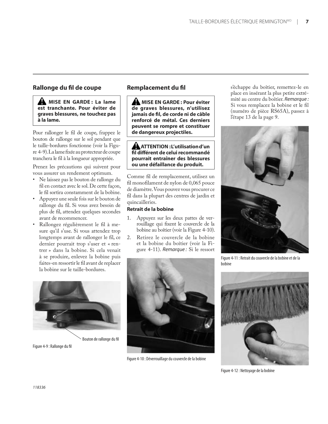 Remington ST3010A owner manual Rallonge du ﬁl de coupe, Remplacement du ﬁl, Retrait de la bobine 