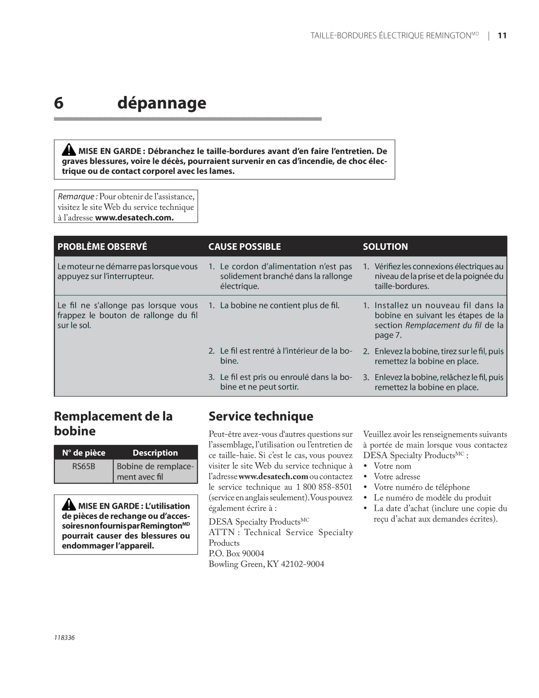 Remington ST3010A owner manual Dépannage, Remplacement de la bobine, Service technique, Bobine de remplace, Ment avec ﬁl 