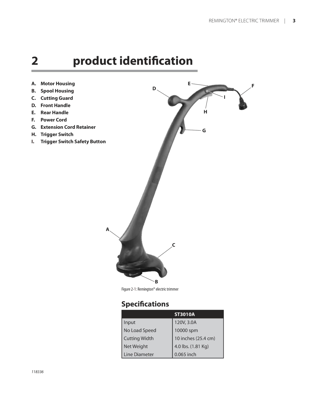 Remington ST3010A owner manual Product identiﬁcation, Speciﬁcations 