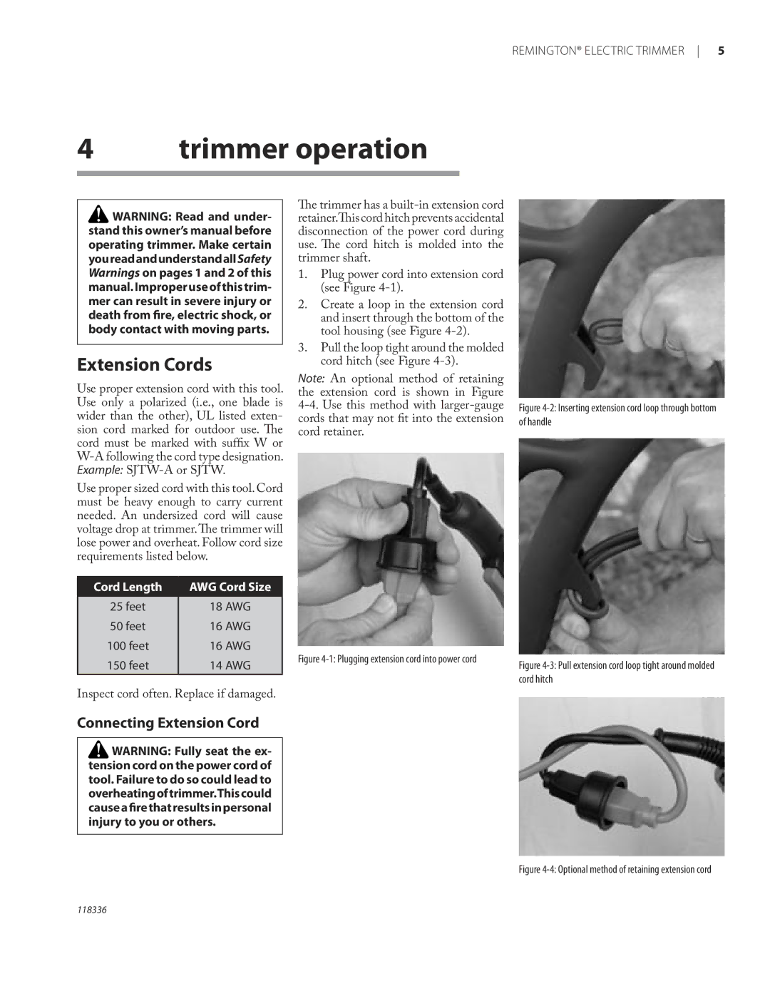 Remington ST3010A owner manual Trimmer operation, Extension Cords, Connecting Extension Cord 