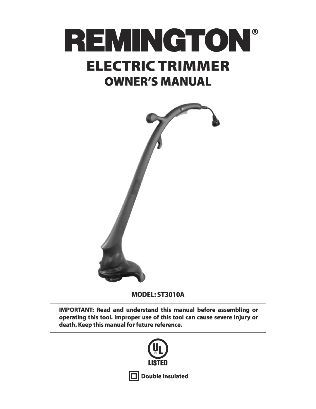 Remington owner manual Electric Trimmer, MODEL ST3010A, Double Insulated 