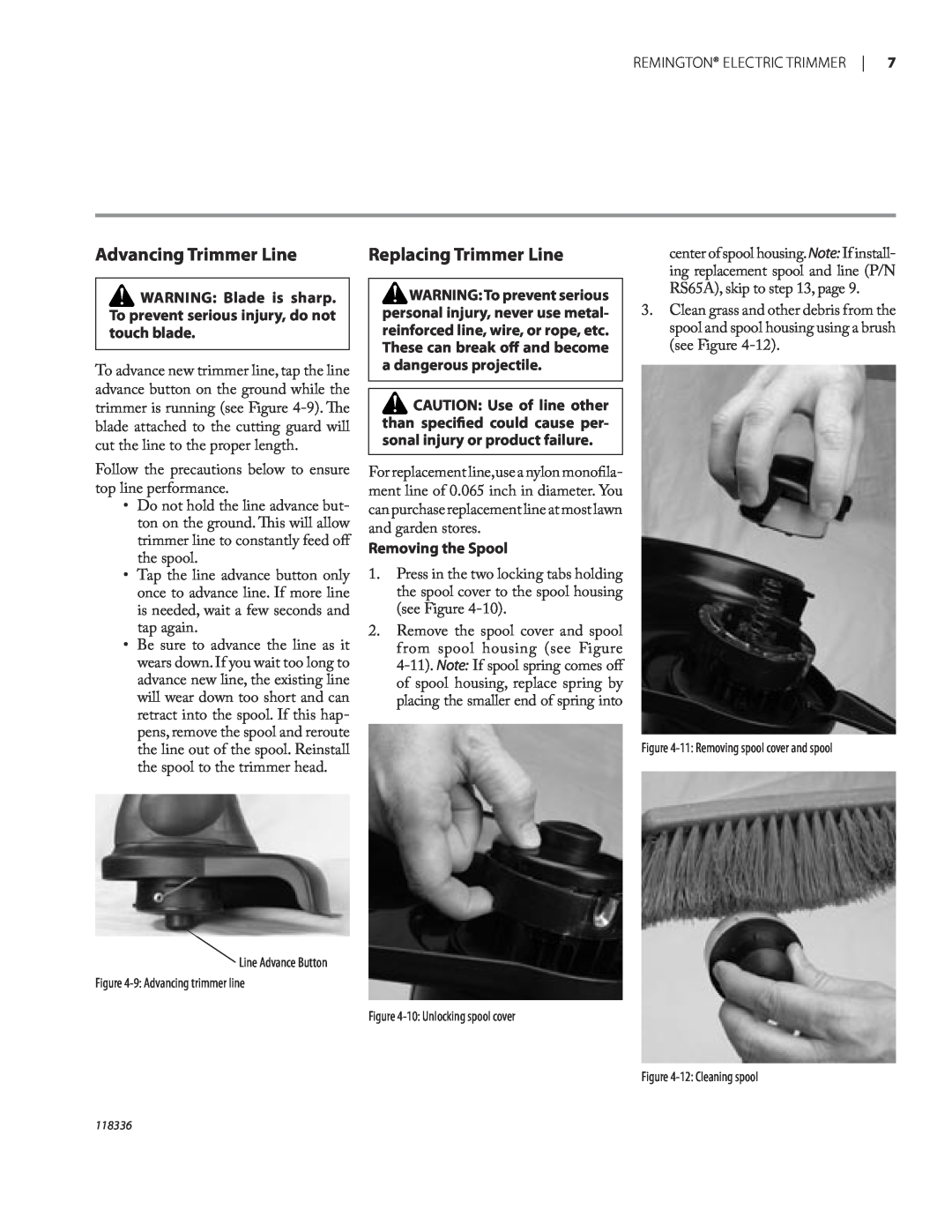 Remington ST3010A owner manual Advancing Trimmer Line, Replacing Trimmer Line, Removing the Spool 