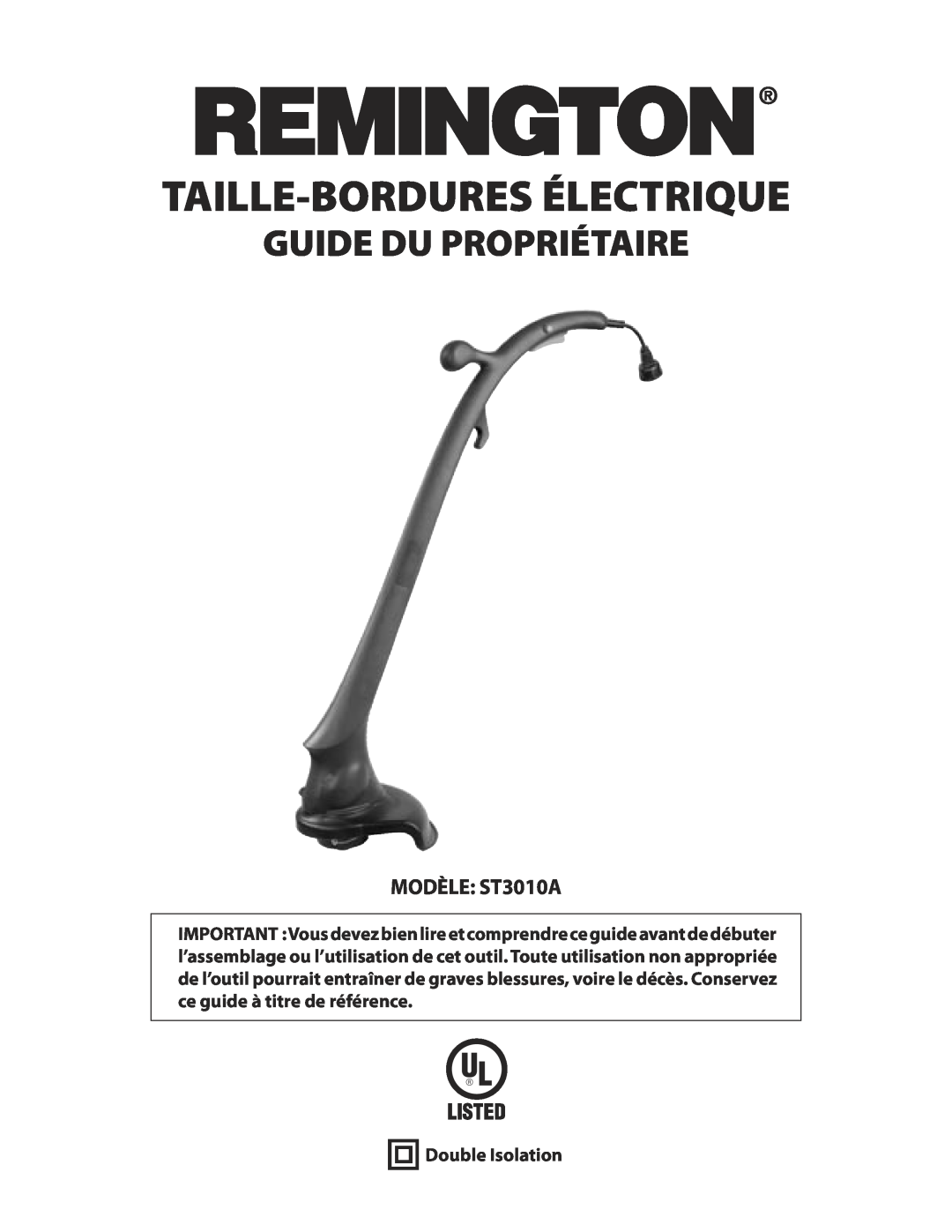 Remington owner manual Taille-Borduresélectrique, Guide Du Propriétaire, MODÈLE ST3010A, Double Isolation 
