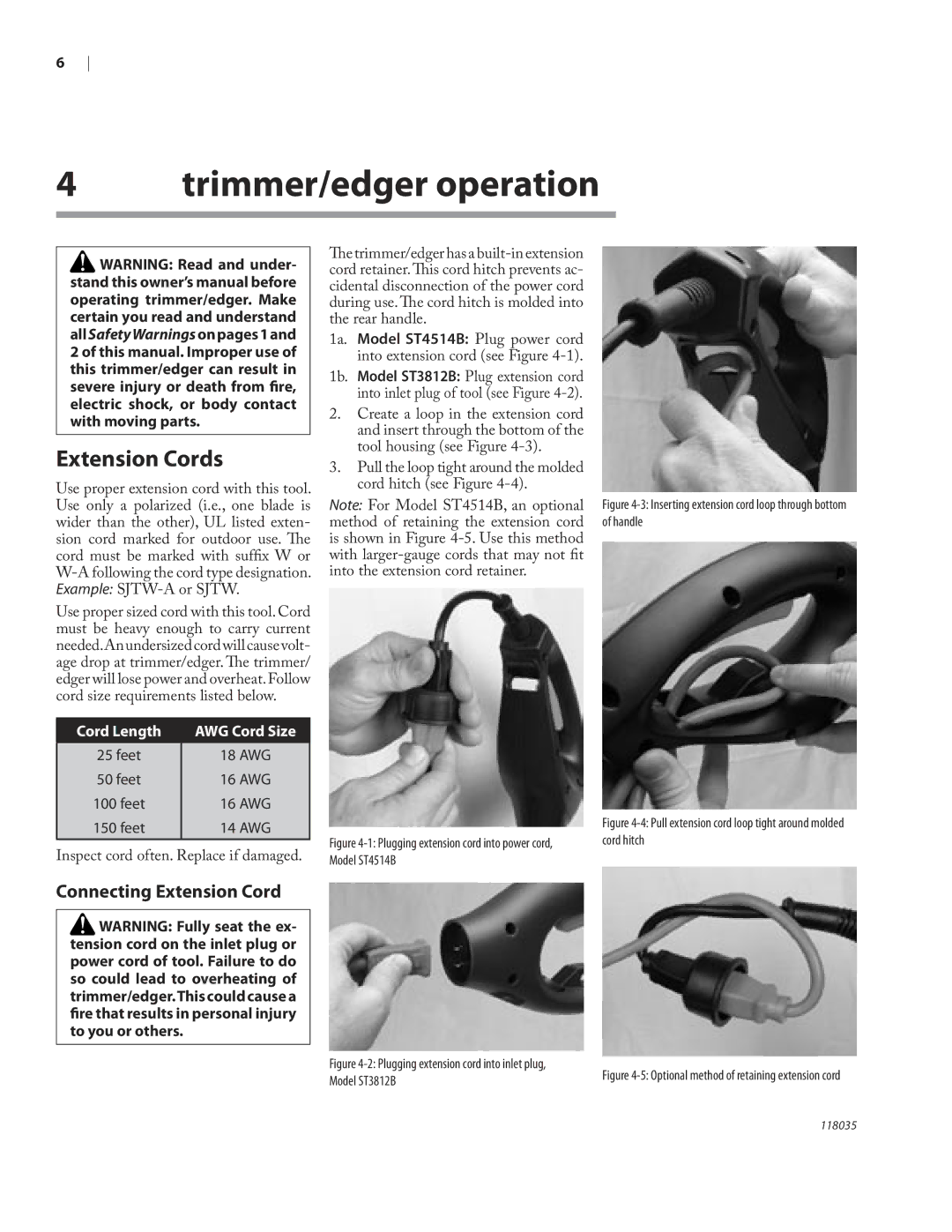 Remington ST3812B, ST4514B owner manual Trimmer/edger operation, Extension Cords, Connecting Extension Cord 