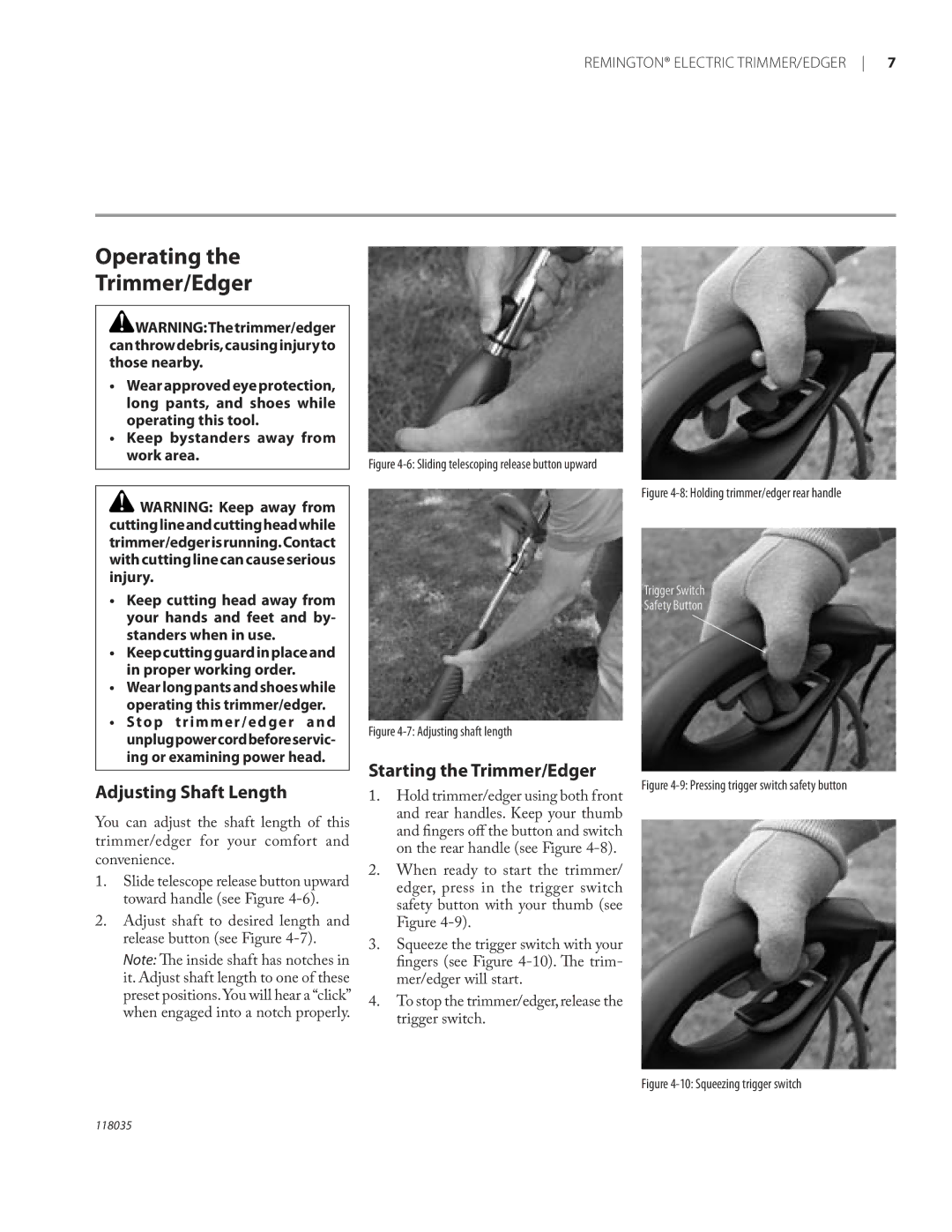 Remington ST3812B, ST4514B owner manual Operating Trimmer/Edger, Adjusting Shaft Length, Starting the Trimmer/Edger 