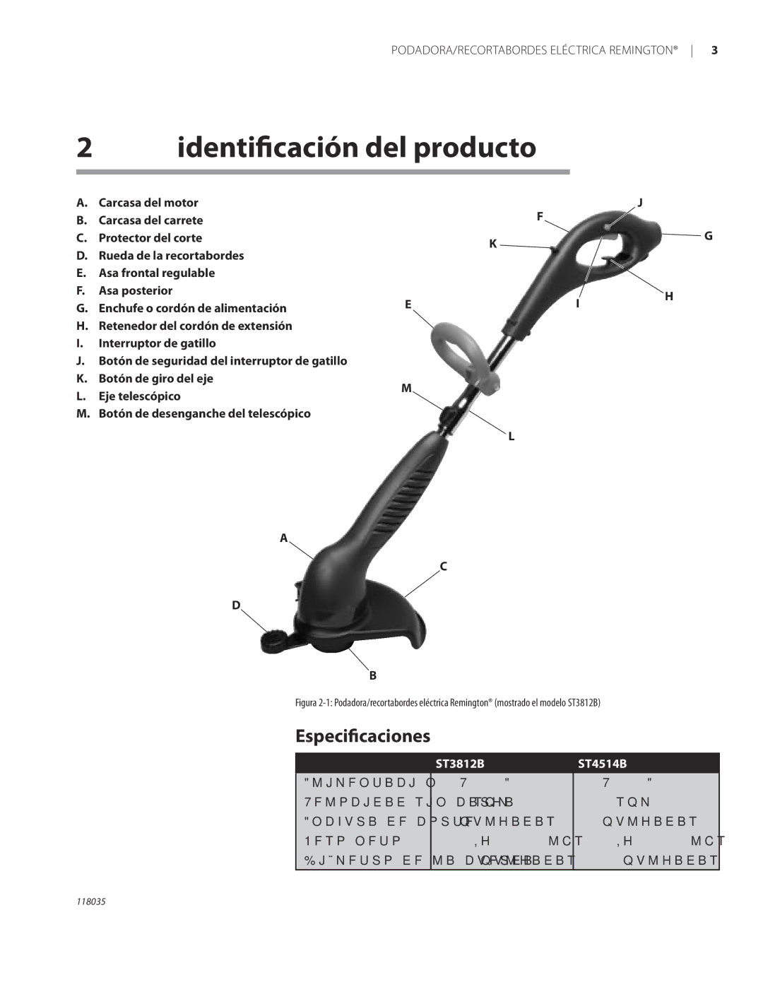 Remington ST3812B, ST4514B owner manual Identiﬁcación del producto, Especiﬁcaciones 