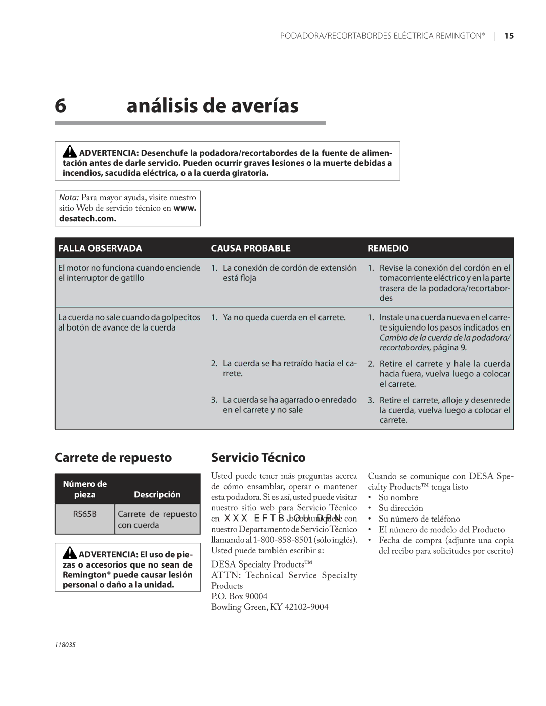 Remington ST3812B, ST4514B owner manual Análisis de averías, Carrete de repuesto, Servicio Técnico 