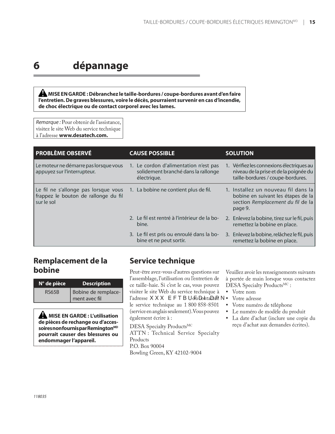 Remington ST3812B, ST4514B Dépannage, Remplacement de la bobine, Service technique, Bobine de remplace, Ment avec ﬁl 