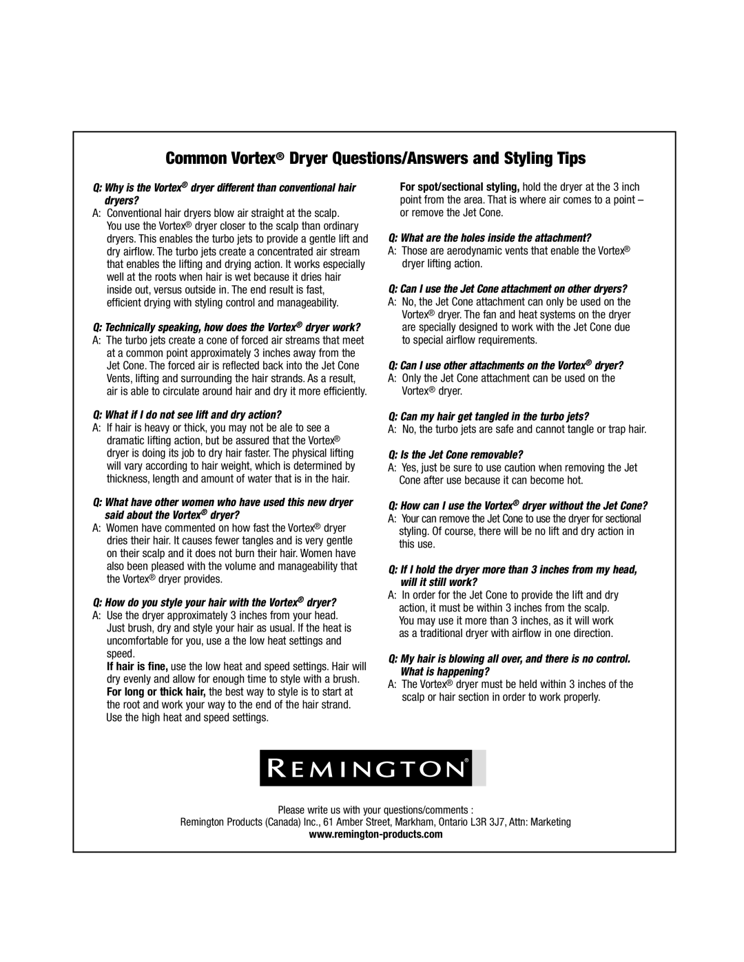 Remington V-2002 manual Common Vortex Dryer Questions/Answers and Styling Tips 