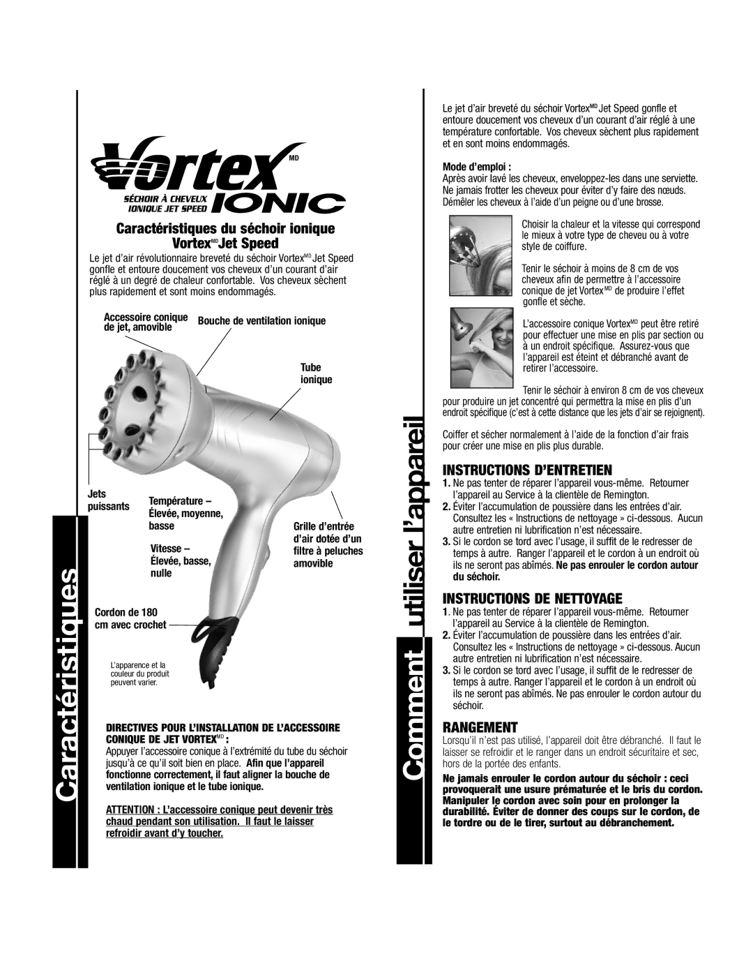 Remington V-2002 manual Instructions D’ENTRETIEN, Instructions DE Nettoyage, Rangement 