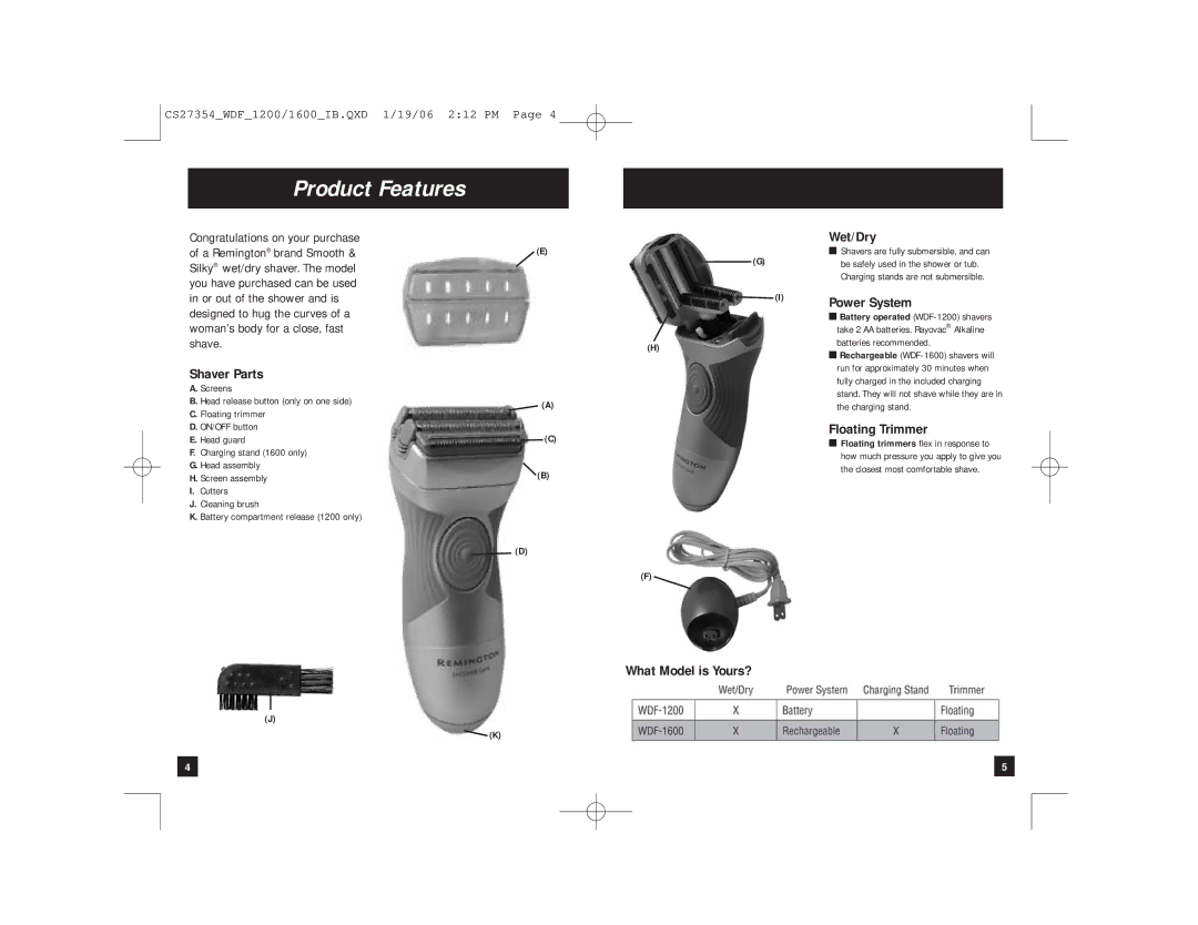 Remington WDF-1200, WDF-1600 Product Features, Shaver Parts, What Model is Yours? Wet/Dry, Power System, Floating Trimmer 