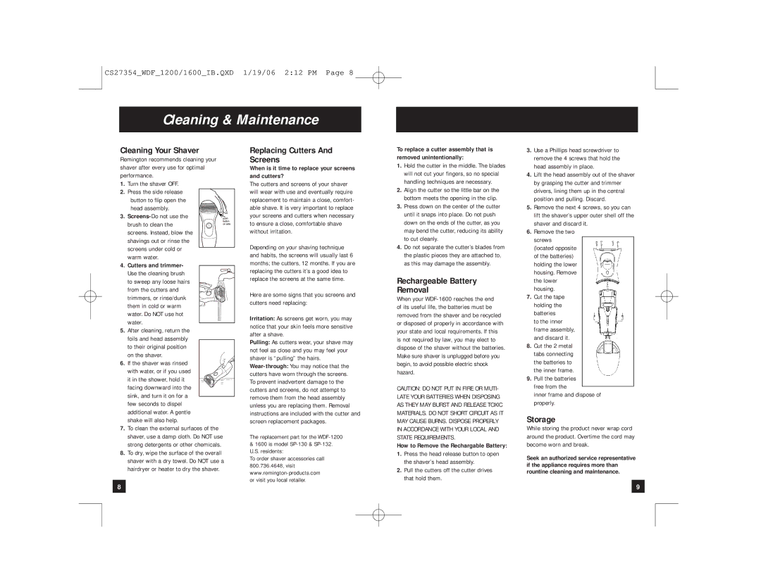 Remington WDF-1200 Cleaning & Maintenance, Cleaning Your Shaver, Replacing Cutters Screens, Rechargeable Battery Removal 