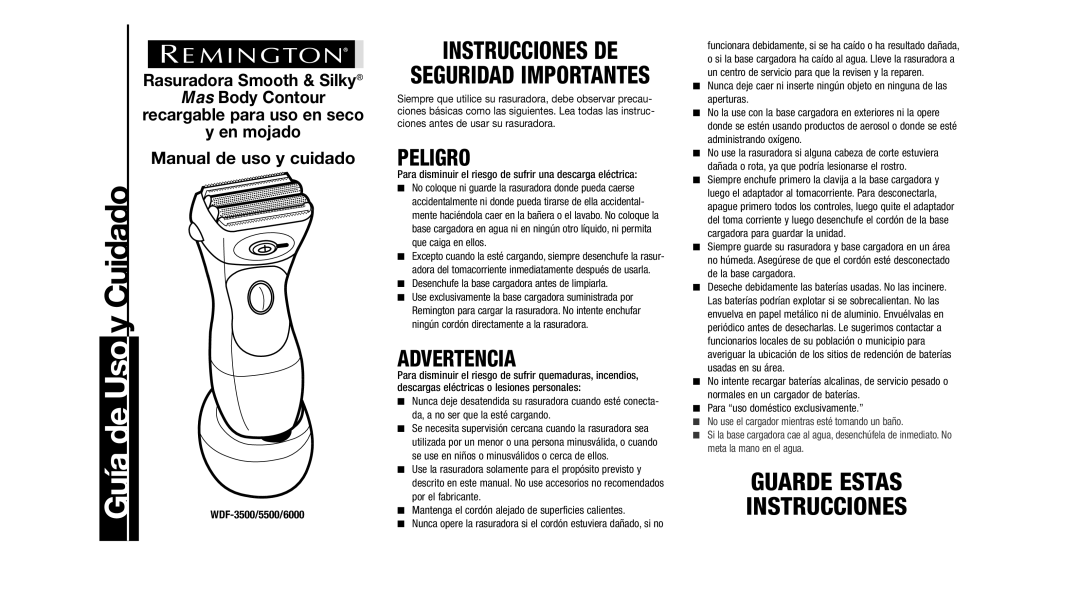 Remington WDF-3000 Guía de Uso y Cuidado, WDF-3500/5500/6000, Para disminuir el riesgo de sufrir una descarga eléctrica 