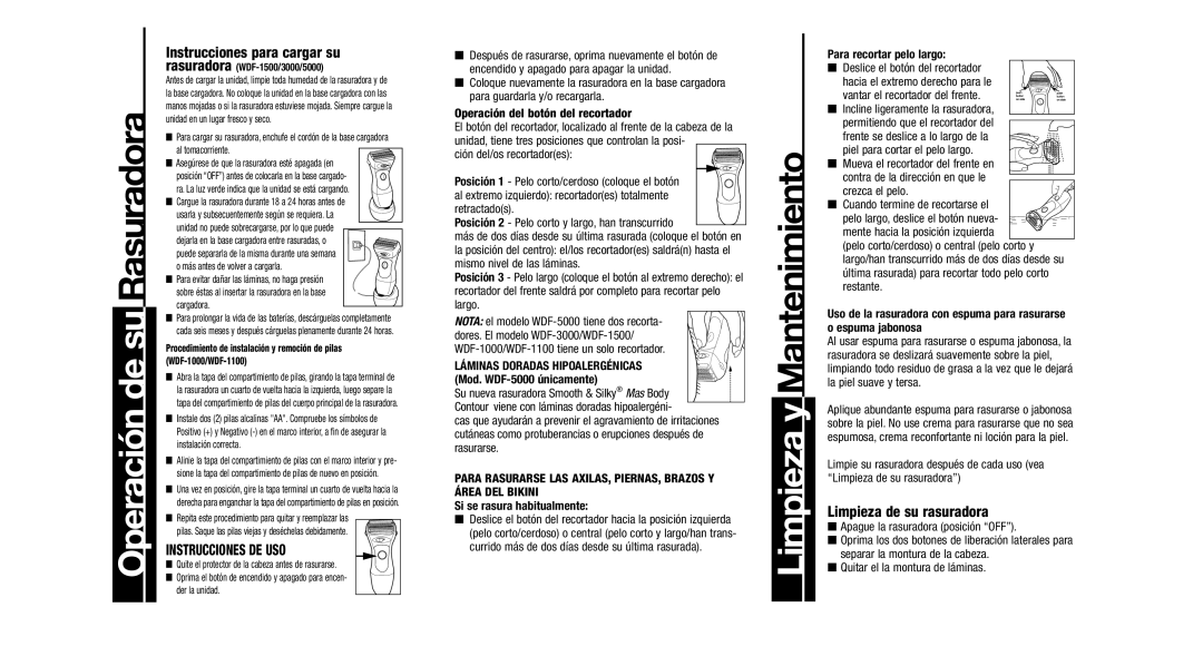 Remington WDF-1100 Instrucciones para cargar su, Instrucciones DE USO, Limpieza de su rasuradora, Para recortar pelo largo 