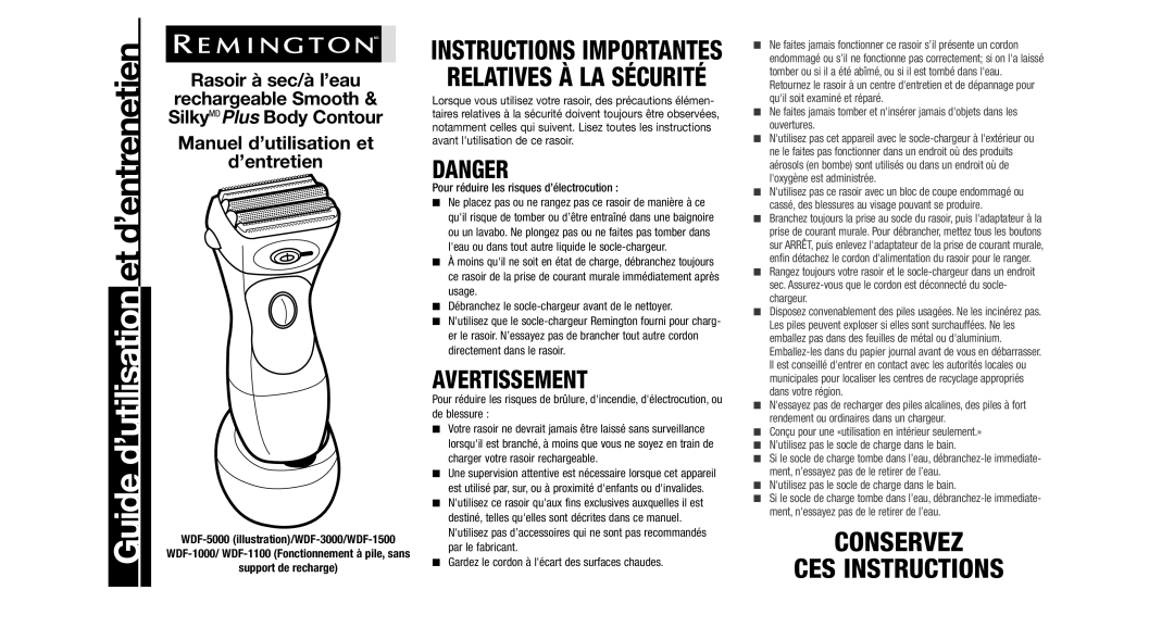 Remington WDF-3000, WDF-5000, WDF-1500, WDF-1100 Support de recharge, Gardez le cordon à lécart des surfaces chaudes 