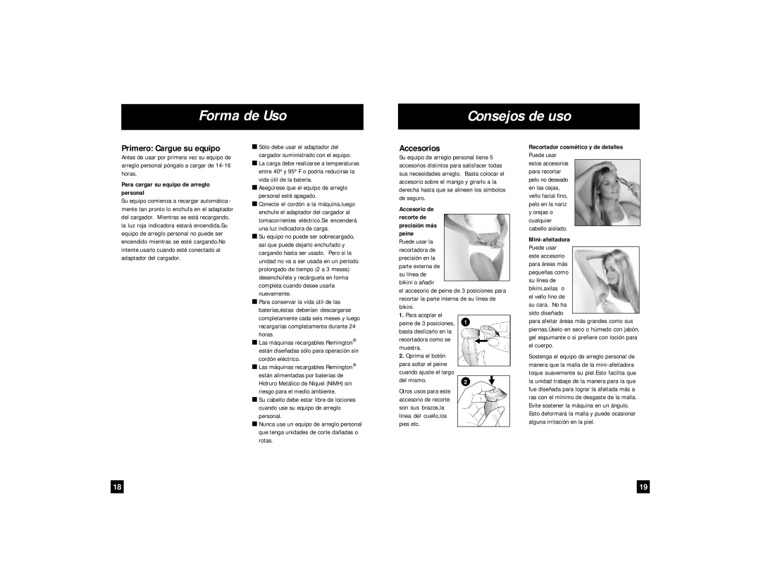 Remington WPG-150 manual Forma de Uso Consejos de uso, Primero Cargue su equipo, Accesorios 