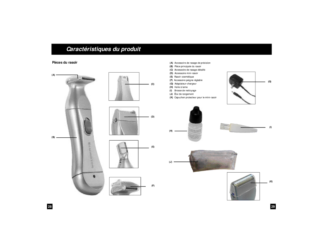 Remington WPG-150 manual Caractéristiques du produit, Pièces du rasoir 