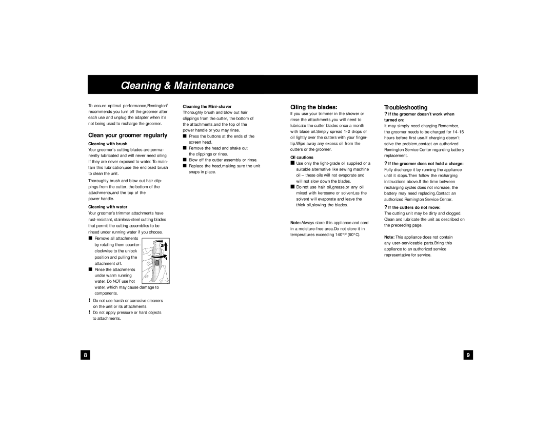 Remington WPG-150 manual Cleaning & Maintenance, Oiling the blades, Troubleshooting 