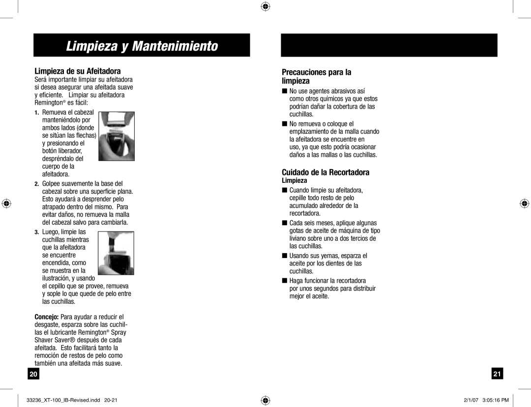 Remington Remington Code, XT-100 manual Limpieza y Mantenimiento, Limpieza de su Afeitadora, Precauciones para la limpieza 