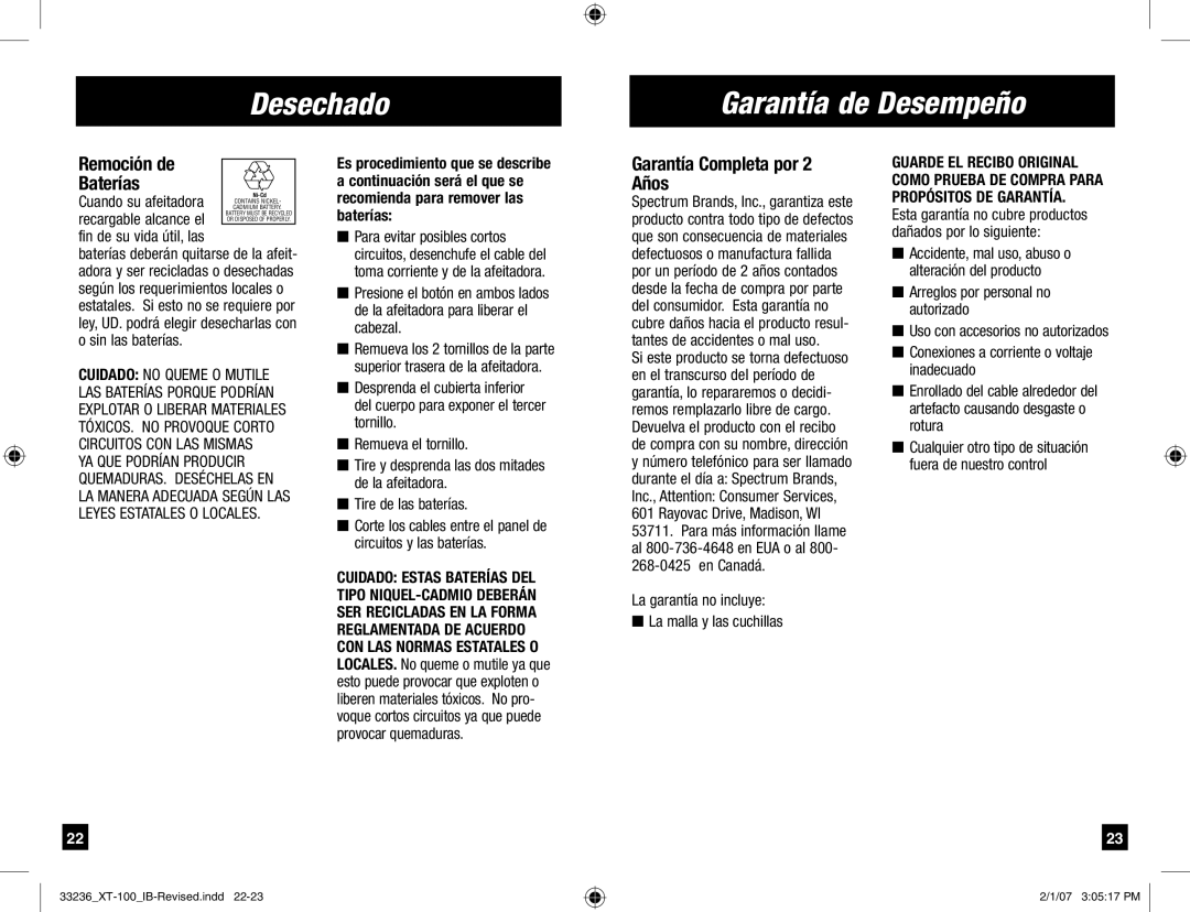 Remington XT-100, Remington Code manual Desechado Garantía de Desempeño, Remoción de Baterías, Garantía Completa por 2 Años 