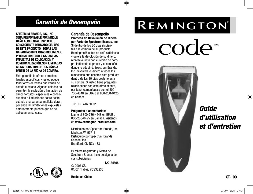 Remington Remington Code Garantía de Desempeño, Preguntas o comentarios, T22-24605, 01/07 Trabajo #CS33236, Hecho en China 