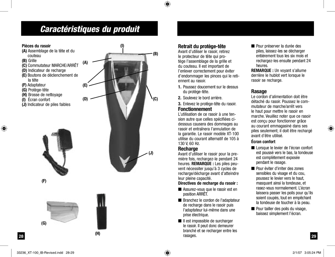 Remington Remington Code, XT-100 Caractéristiques du produit, Retrait du protège-tête, Fonctionnement, Rasage, Recharge 