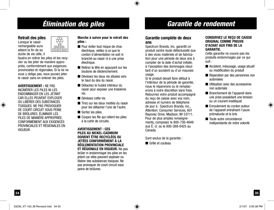 Remington XT-100 manual Élimination des piles Garantie de rendement, Retrait des piles, Garantie complète de deux ans 