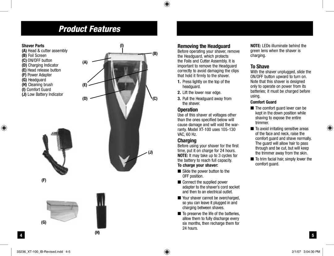 Remington Remington Code, XT-100 manual Removing the Headguard, Operation, Charging, To Shave, To charge your shaver 