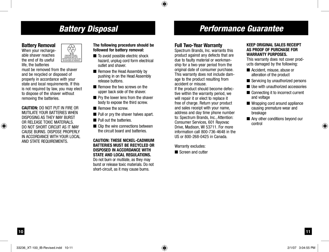 Remington XT-100 manual Battery Disposal Performance Guarantee, Full Two-Year Warranty, Warranty excludes Screen and cutter 