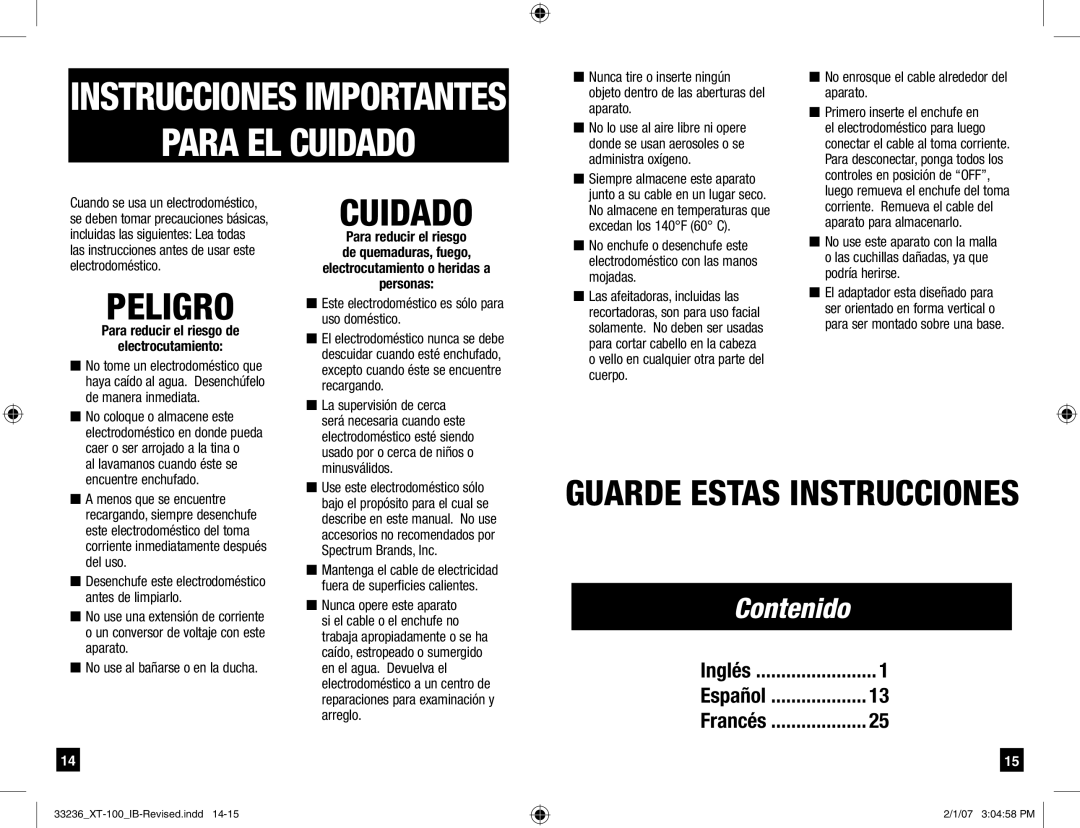 Remington XT-100, Remington Code manual Para reducir el riesgo de Electrocutamiento 