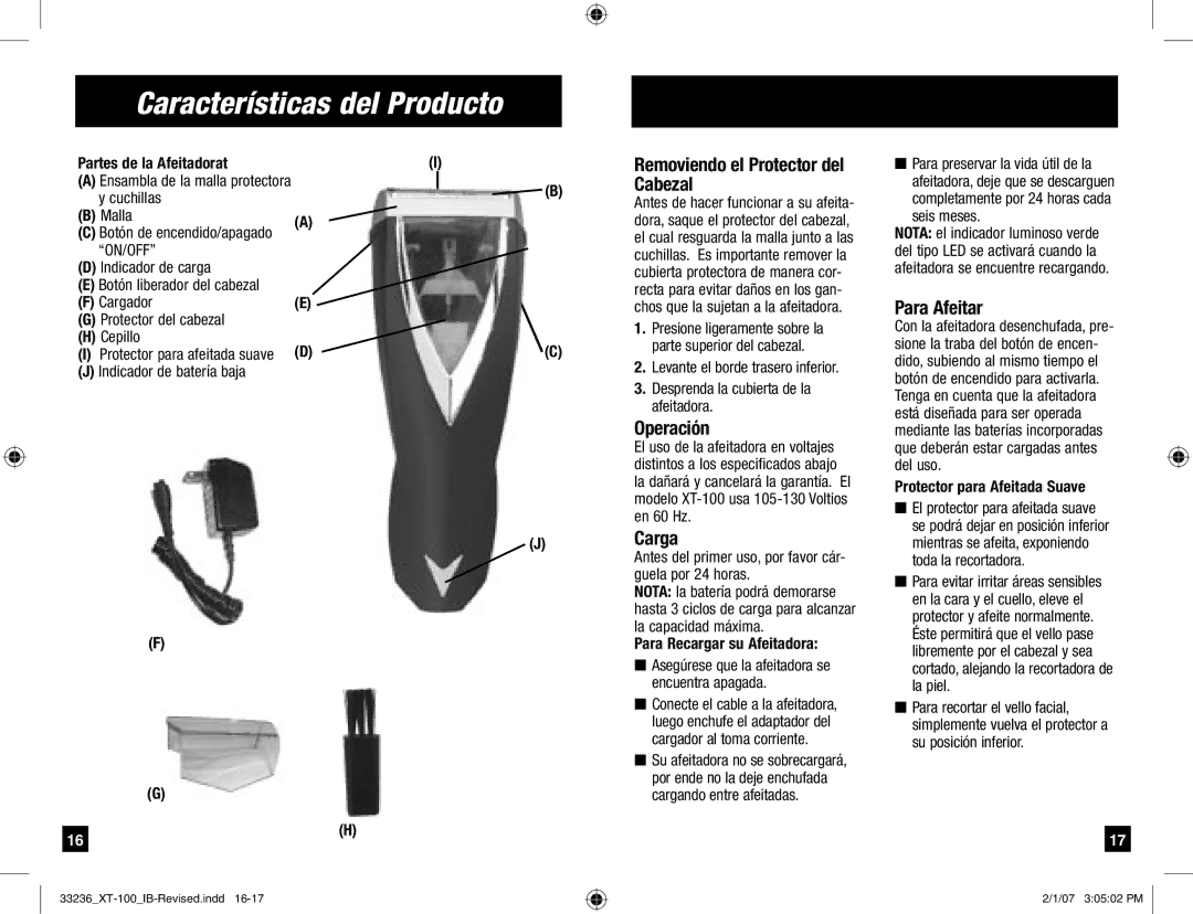 Remington Remington Code Características del Producto, Removiendo el Protector del Cabezal, Operación, Para Afeitar, Carga 