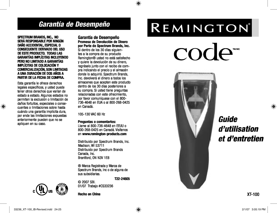Remington Remington Code ide tilisation et d’entretien, Garantía de Desempeño, Preguntas o comentarios, T22-24605, XT-100 