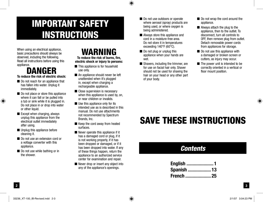 Remington XT-100 manual Important Safety Instructions, Danger, Contents, English, Spanish, French, Save These Instructions 