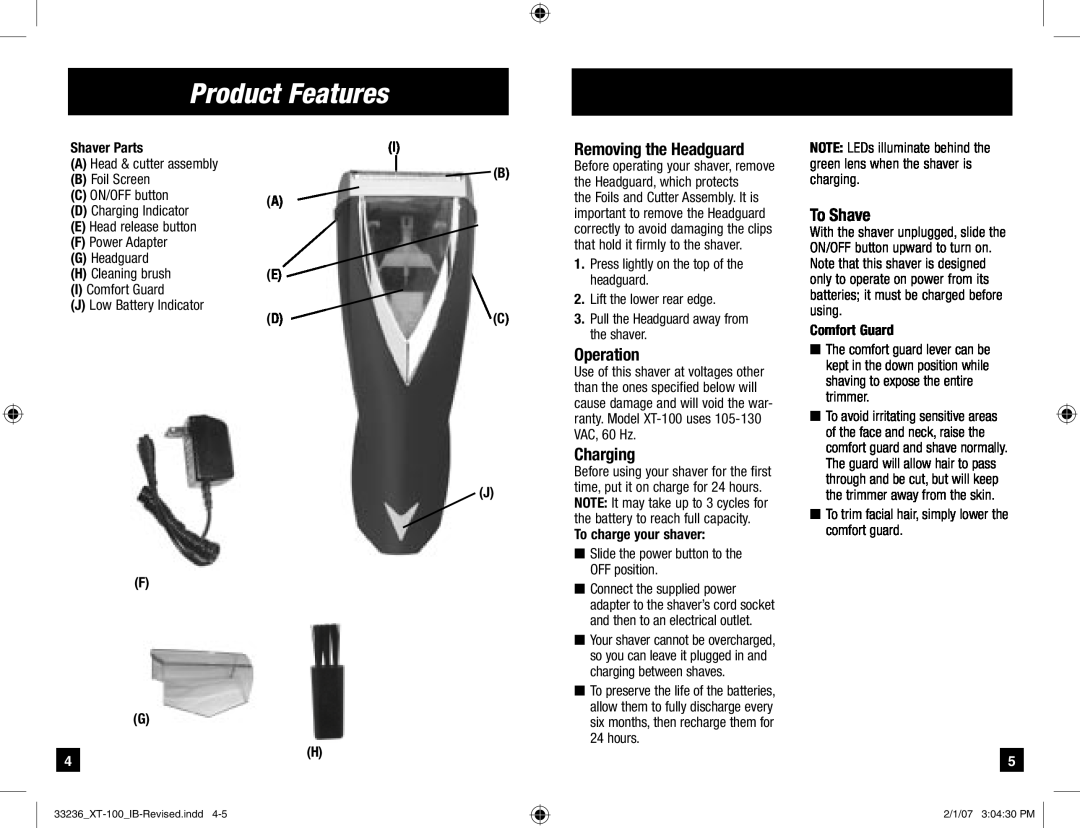 Remington Remington Code Removing the Headguard, Operation, Charging, To Shave, Shaver Parts, A Head & cutter assembly 